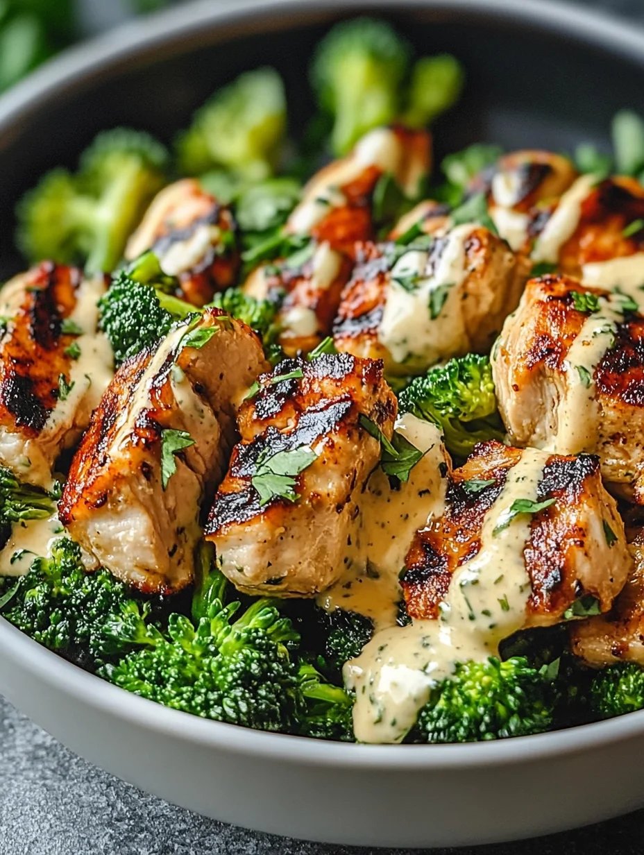 Grilled Chicken & Broccoli Bowls with Creamy Garlic Sauce